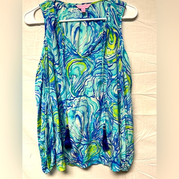 Lilly Pulitzer Finch Top Cold Shoulder Silk Blouse Oh Shucks w/ Tassels XXS - Picture 1 of 3
